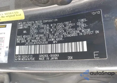 2013 Toyota 4Runner Sr5 z USA, uszkodzony, nr VIN JTEZU5JR7D5054048